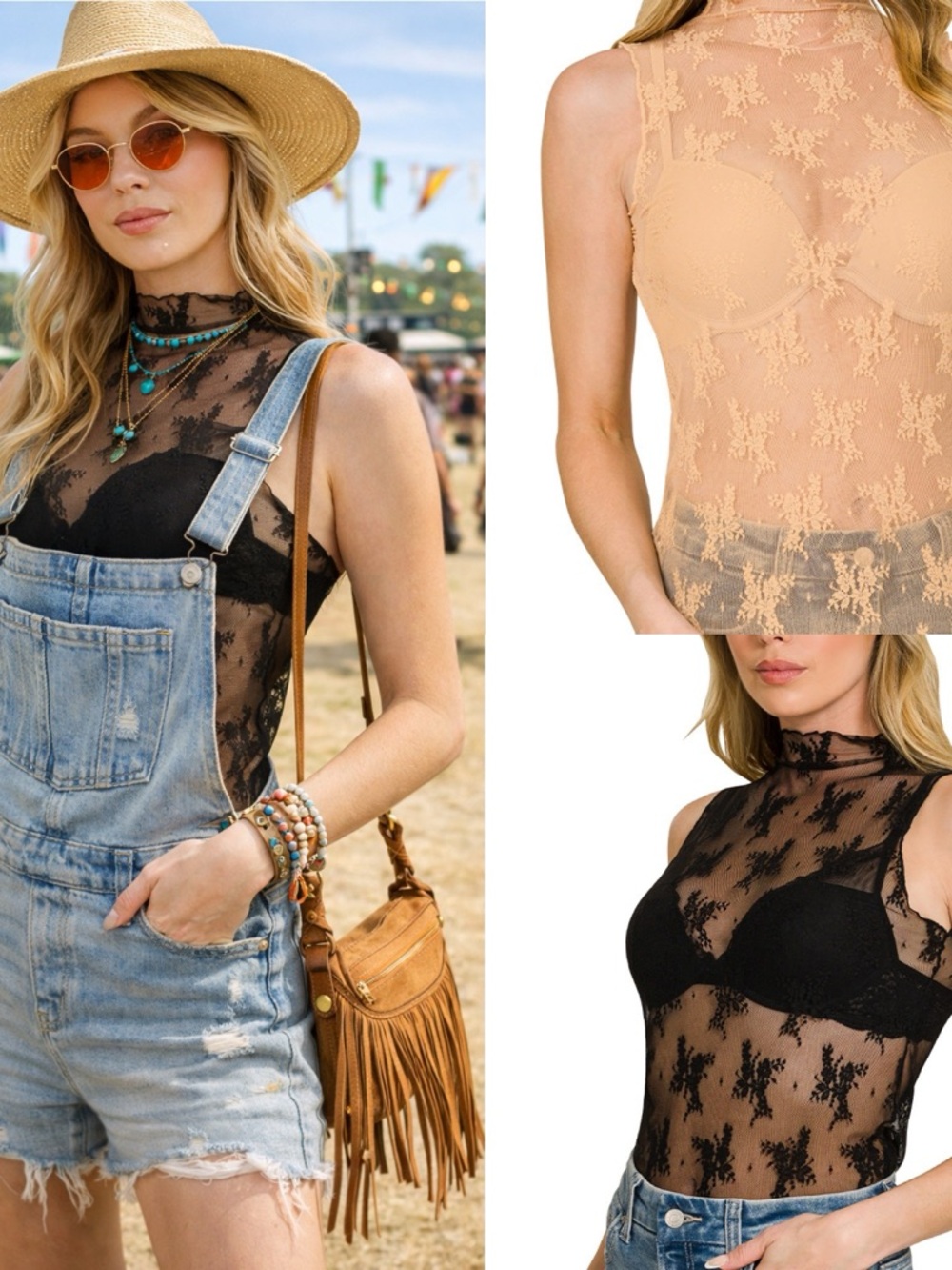 “ Luna Lace “ Sheer Layering Top | Black & Nude